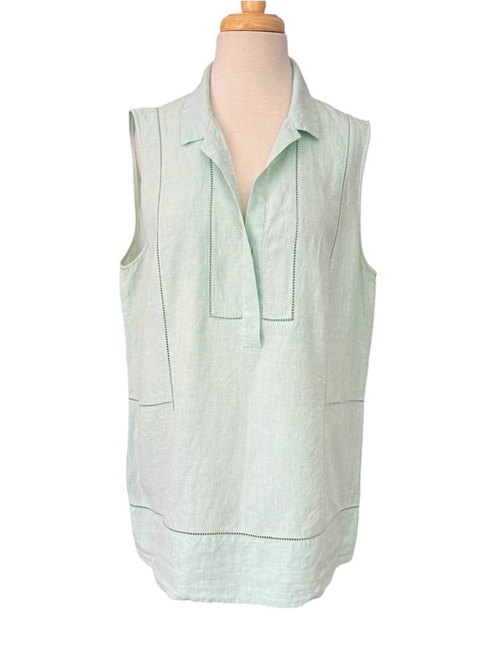 Lafayette 148 New York Tops - Lafayette 148 New York Sleeveless Collared Tunic Linen Ladder Stitch Mint XL